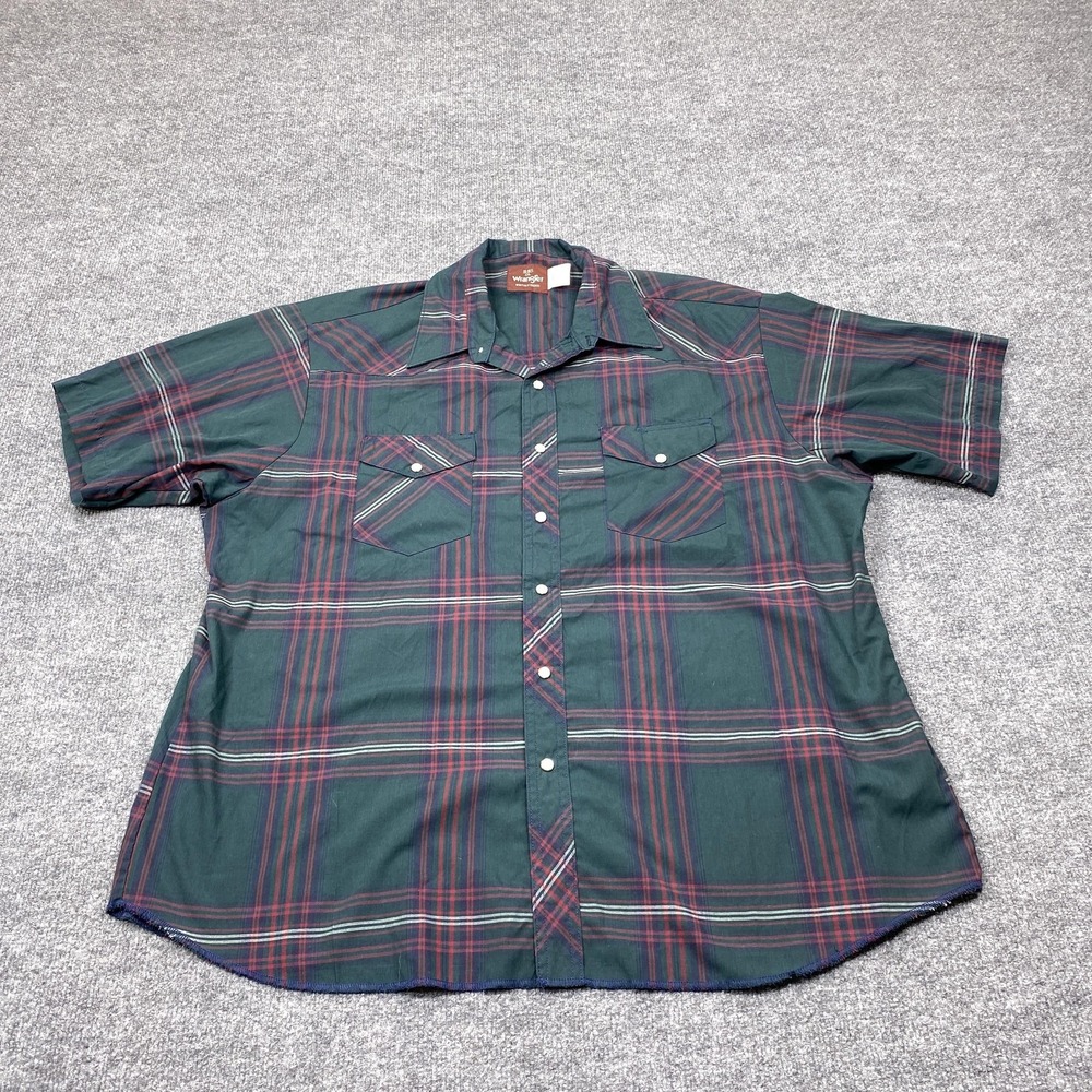 Wrangler Shirt Mens 2XL Green Plaid Short Sleeve Pearl Snap Western Cowboy